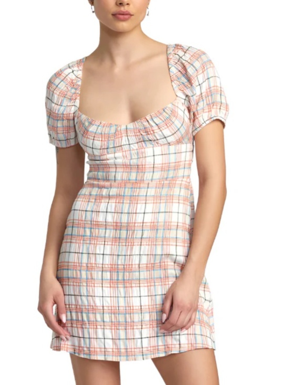 RVCA Cream Plaid Mini Dress with Red and Blue Checks